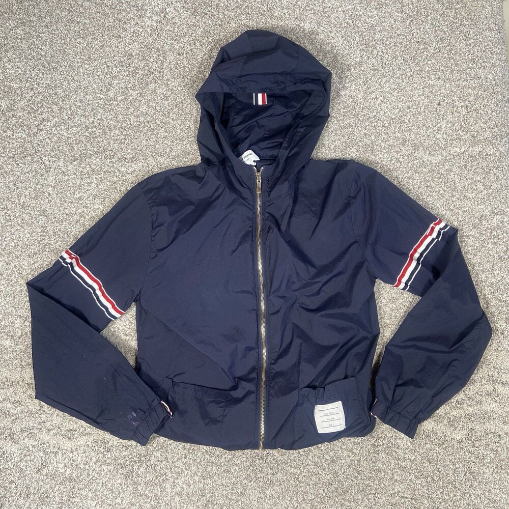 THOM BROWNE New York Navy RWB Stripe Hooded Windbreaker Jacket Size 2 M